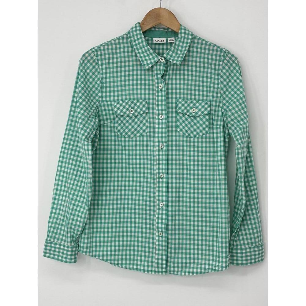 Cato Women's Teal Green and White Gingham Button-Up Shirt Medium
